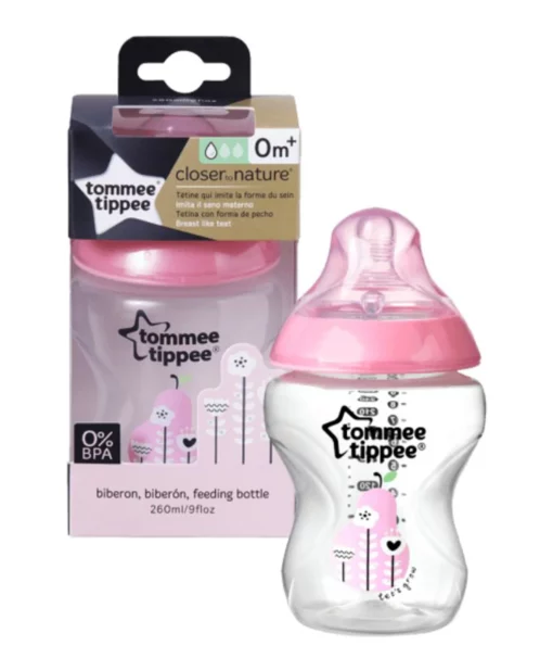 tommee-tippee-closer-to-nature-baby-bottle-slow-flow-breast-like-teat-with-anti-colic-valve-260ml-pack-of-1-be-kind-pink