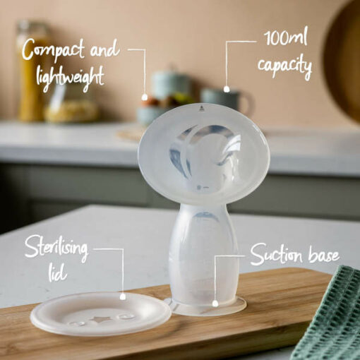 tommee-tippee-cod-free-silicone-manual-breastfeeding-pump-and-let-down-catcher-to-express-relieve-or-catch-excess-breast-milk-includes-sterilising-lid-100ml